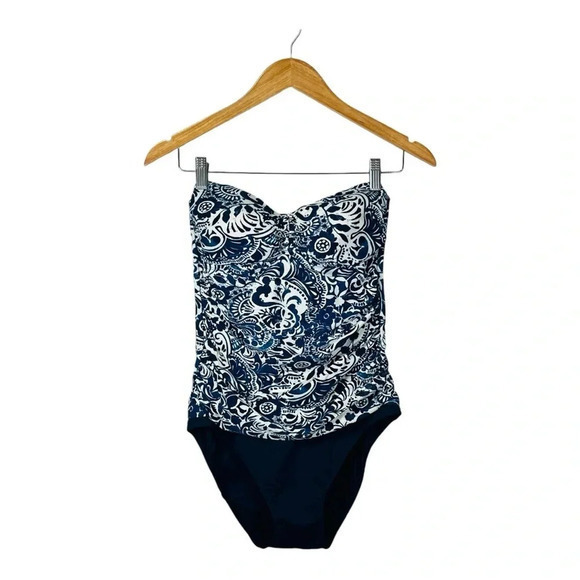 Lauren Ralph Lauren Floral Navy Blue White Halter Tie One Piece Swimsuit Size 10 - Picture 3 of 12